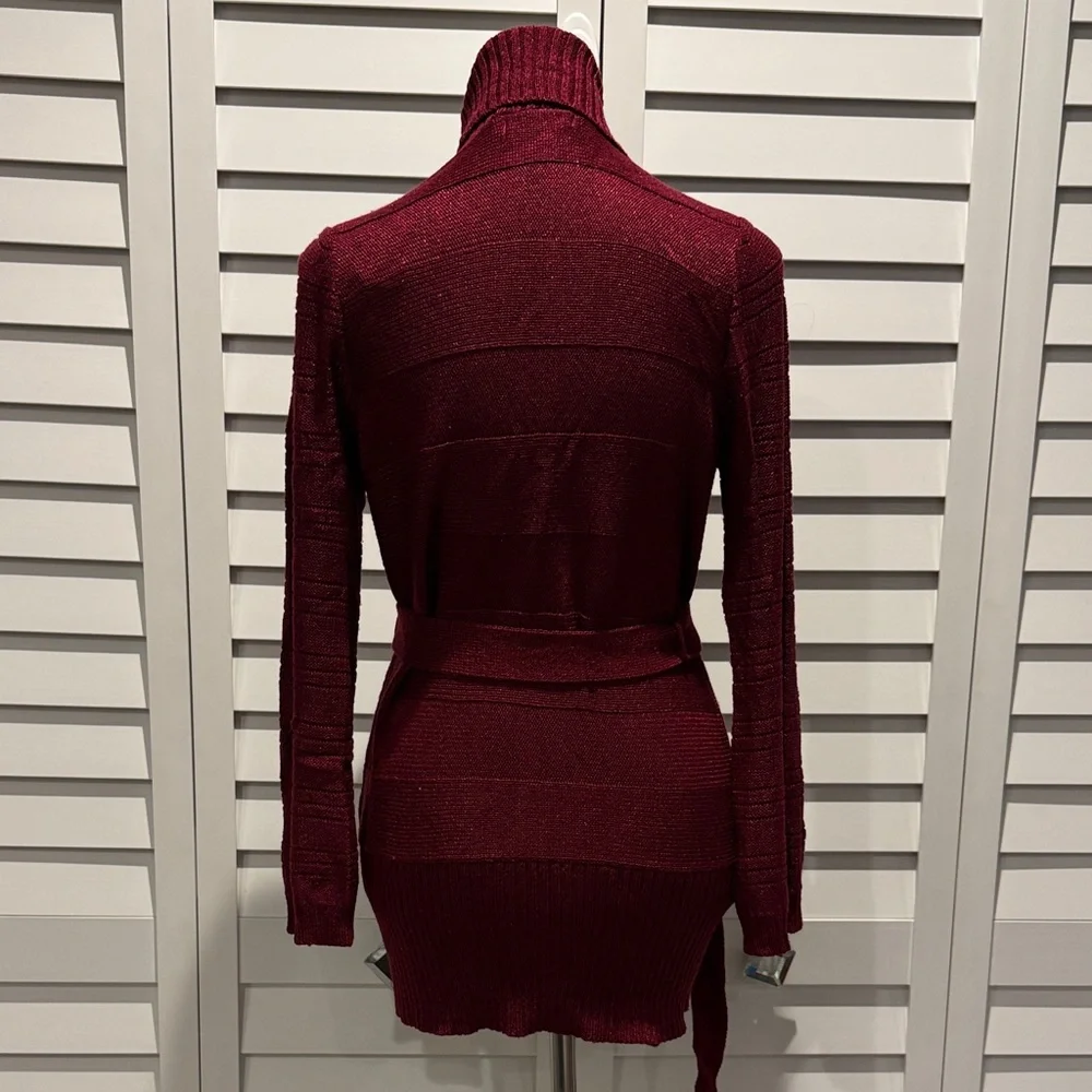 The Limited Burgundy Cardigan Sweater with belt, few small pulls. - Picture 3 of 11